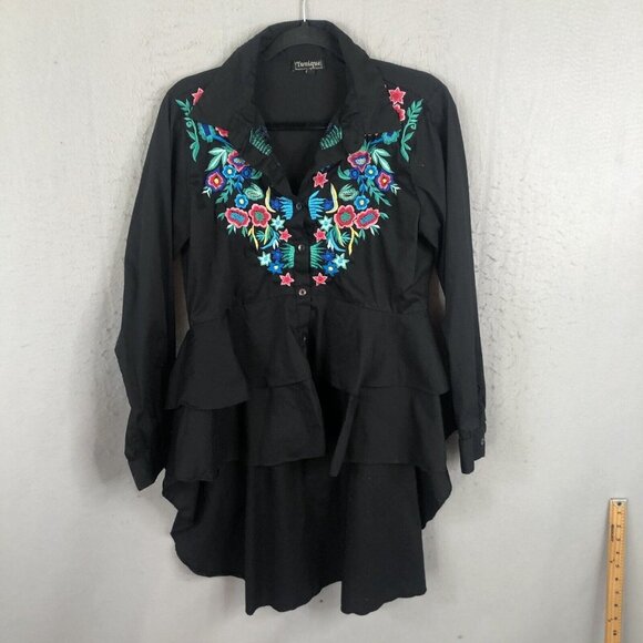 Bohemian Embroidery Top Womens Large Black Whimsigoth Victorian Feminine Artsy - Picture 1 of 16